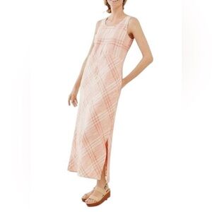 J. Jill Love Linen Coral White Plaid Sleeveless Maxi Dress Size MP Beach Coastal